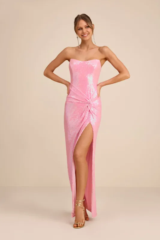 Pernella Pink Sequin Strapless Twist-Front Maxi Dress sold by Lulus
