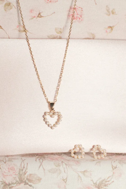 Caris 14KT Gold Pearl Heart Charm Necklace and Earring Set sold by Lulus