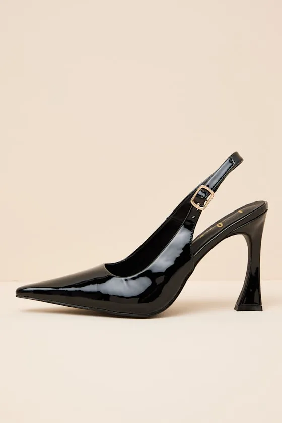 Katrina Black Patent Pointed-Toe Slingback Pumps sold by Lulus