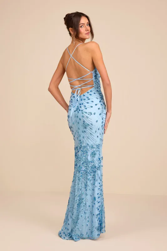 Photo Finish Light Blue Sequin Lace-Up Maxi Dress sold by Lulus