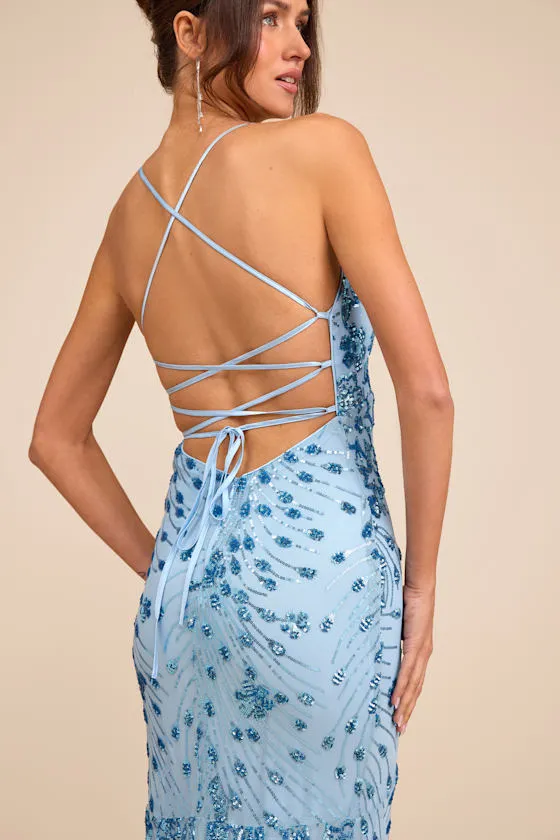 Photo Finish Light Blue Sequin Lace-Up Maxi Dress sold by Lulus product image thumbnail 2