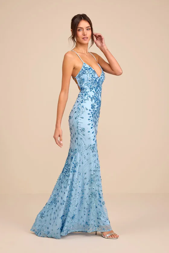Photo Finish Light Blue Sequin Lace-Up Maxi Dress sold by Lulus product image thumbnail 4