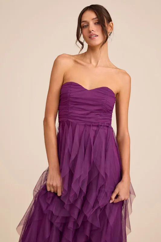 Delightful Beauty Plum Mesh Strapless Ruched Ruffled Maxi Dress sold by Lulus