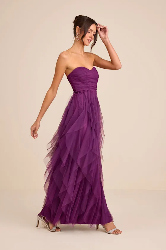 Delightful Beauty Plum Mesh Strapless Ruched Ruffled Maxi Dress sold by Lulus product image thumbnail 2