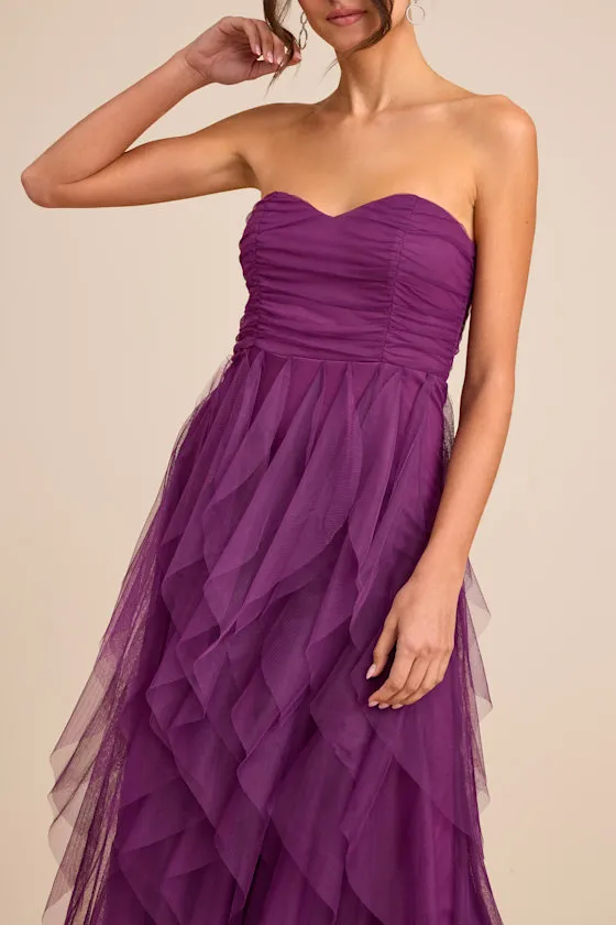 Delightful Beauty Plum Mesh Strapless Ruched Ruffled Maxi Dress sold by Lulus product image thumbnail 3