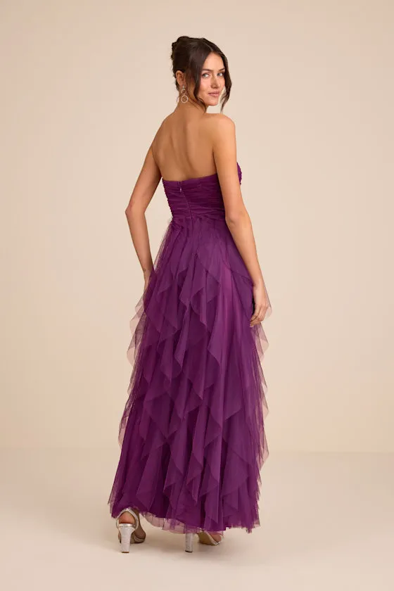 Delightful Beauty Plum Mesh Strapless Ruched Ruffled Maxi Dress sold by Lulus product image thumbnail 4