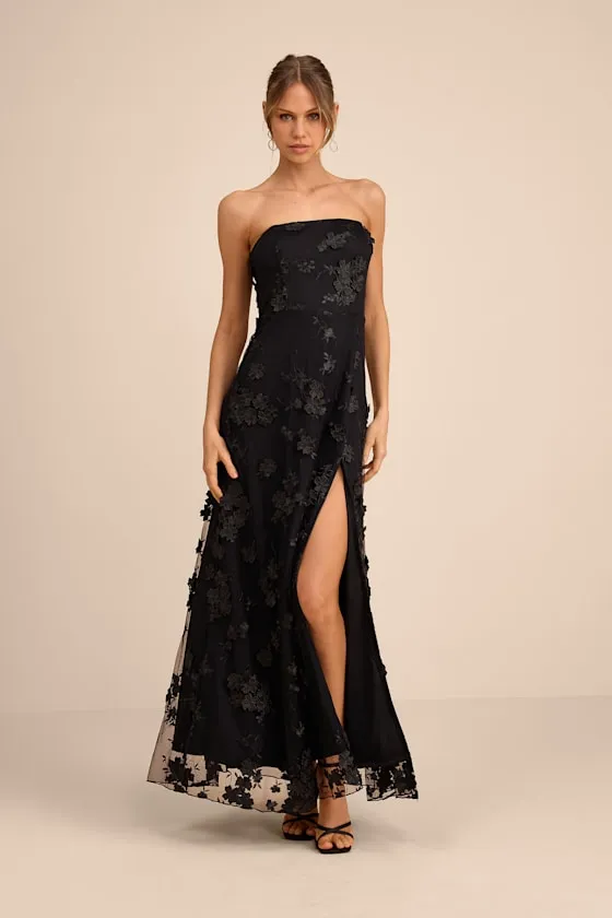 Rare Presence Black 3D Floral Embroidered Maxi Dress sold by Lulus