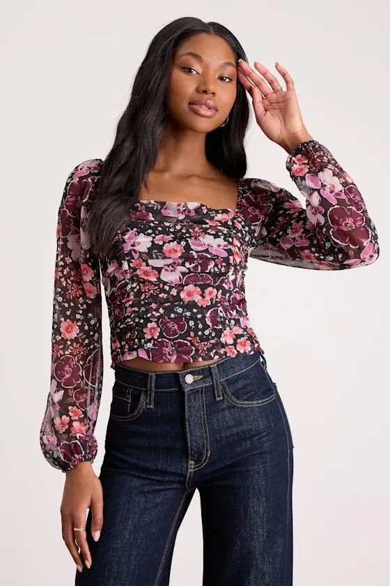 Mood Setter Black and Purple Floral Print Ruched Long Sleeve Top sold by Lulus