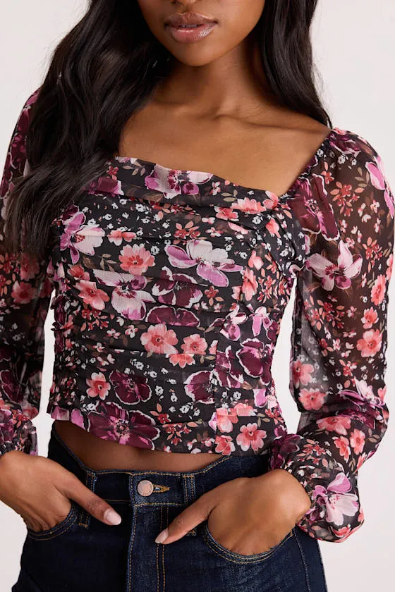 Mood Setter Black and Purple Floral Print Ruched Long Sleeve Top sold by Lulus product image thumbnail 2