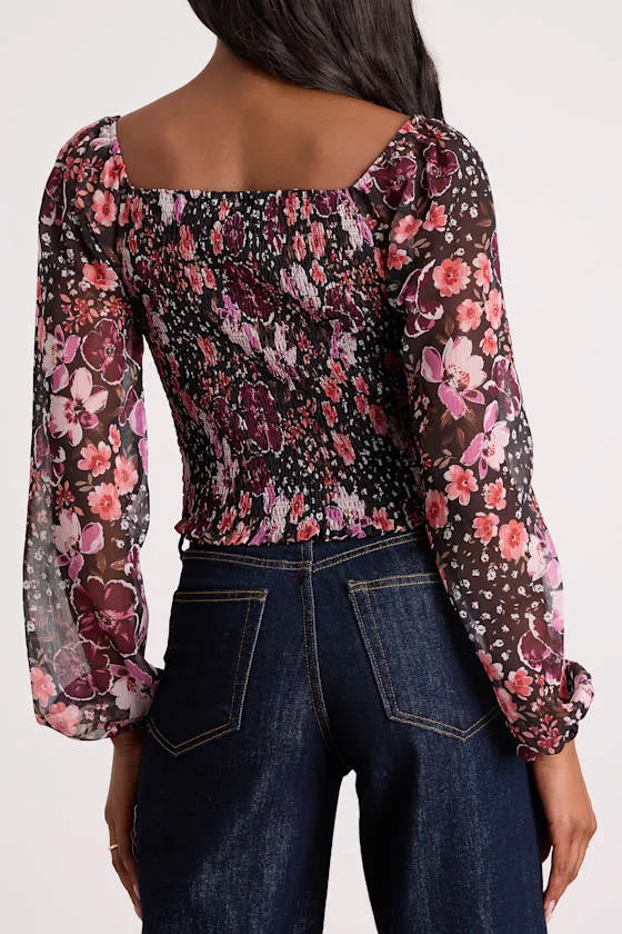 Mood Setter Black and Purple Floral Print Ruched Long Sleeve Top sold by Lulus product image thumbnail 3