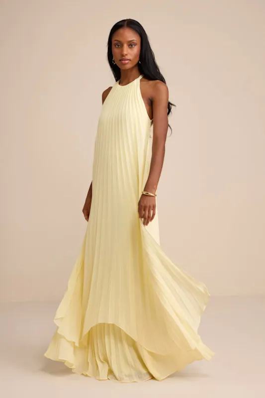 Dorala Light Yellow Pleated Lace-Up Tiered Maxi Dress sold by Lulus