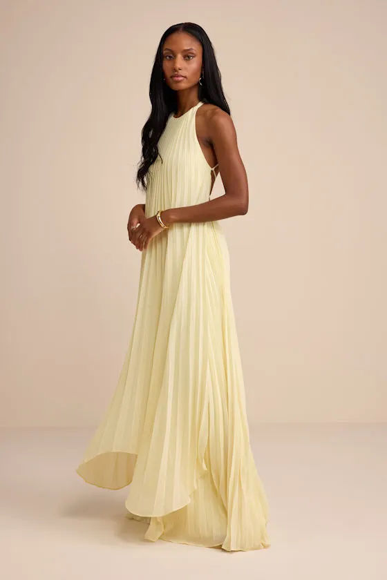 Dorala Light Yellow Pleated Lace-Up Tiered Maxi Dress sold by Lulus product image thumbnail 4