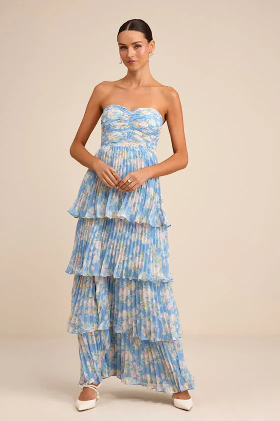 Seriously Sensational Blue Floral Strapless Tiered Maxi Dress sold by Lulus product image thumbnail 2