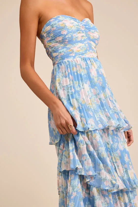 Seriously Sensational Blue Floral Strapless Tiered Maxi Dress sold by Lulus product image thumbnail 3