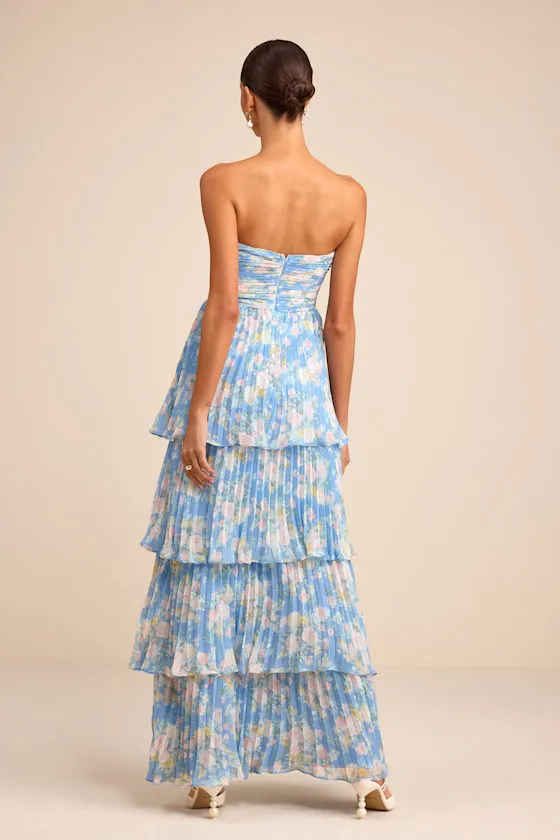 Seriously Sensational Blue Floral Strapless Tiered Maxi Dress sold by Lulus product image thumbnail 4