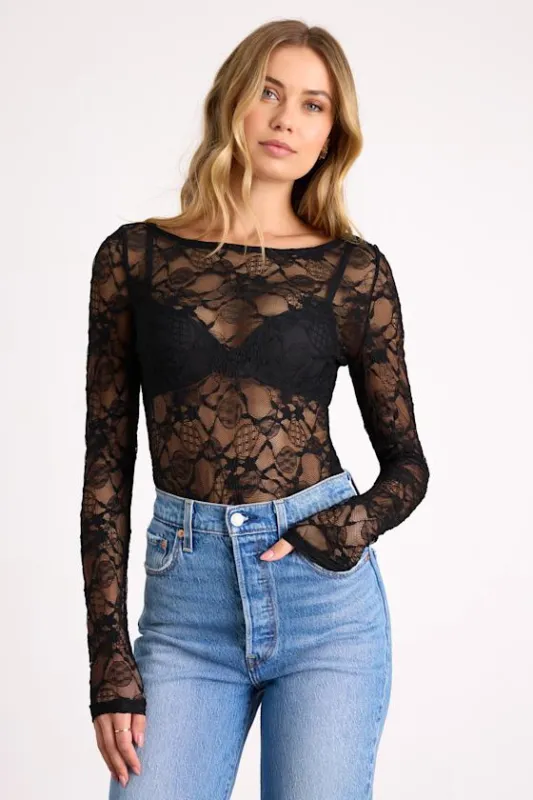 Hunter Black Sheer Lace Long Sleeve Top sold by Lulus