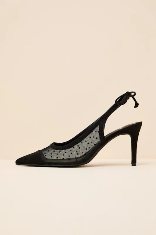 Lacey Black Polka Dot Mesh Pointed-Toe Slingback Pumps sold by Lulus