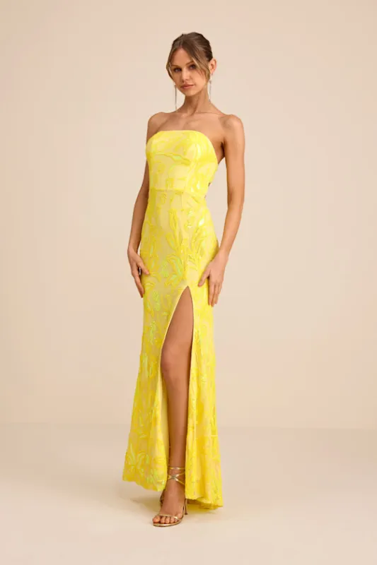 Shimmering Icon Yellow Sequin Lace-Up Strapless Maxi Dress sold by Lulus