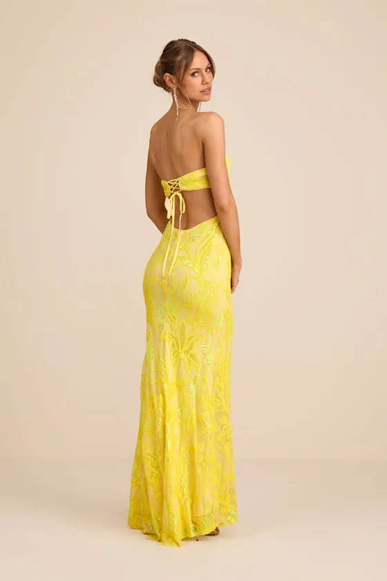 Shimmering Icon Yellow Sequin Lace-Up Strapless Maxi Dress sold by Lulus product image thumbnail 3