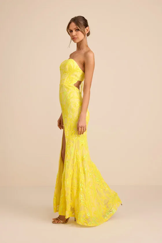 Shimmering Icon Yellow Sequin Lace-Up Strapless Maxi Dress sold by Lulus product image thumbnail 4