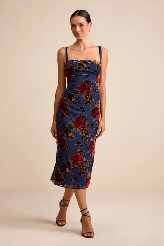 Tessa Navy Floral Velvet Burnout Column Midi Dress sold by Lulus