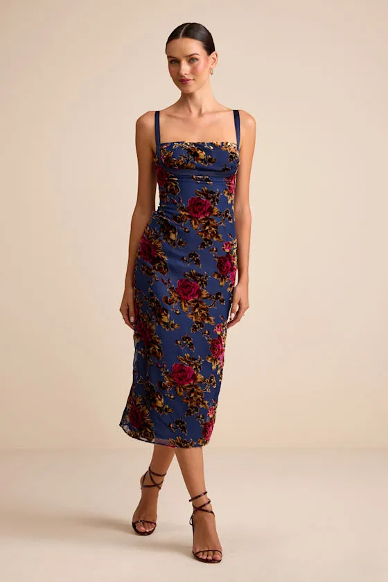 Tessa Navy Floral Velvet Burnout Column Midi Dress sold by Lulus