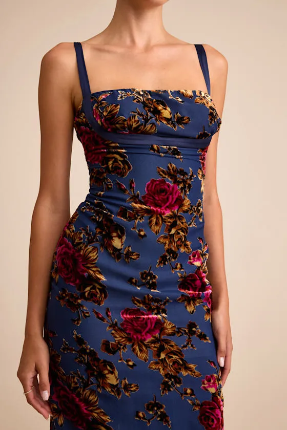 Tessa Navy Floral Velvet Burnout Column Midi Dress sold by Lulus product image thumbnail 2