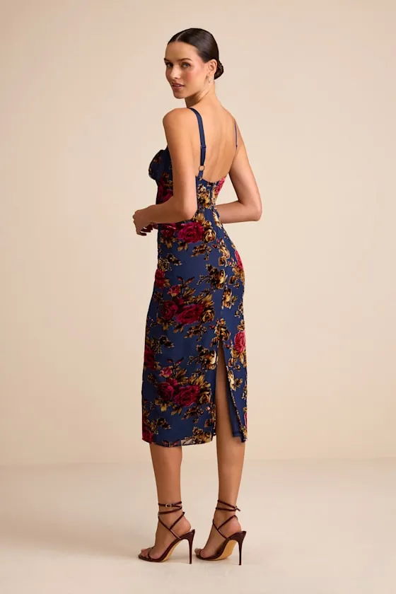 Tessa Navy Floral Velvet Burnout Column Midi Dress sold by Lulus product image thumbnail 3