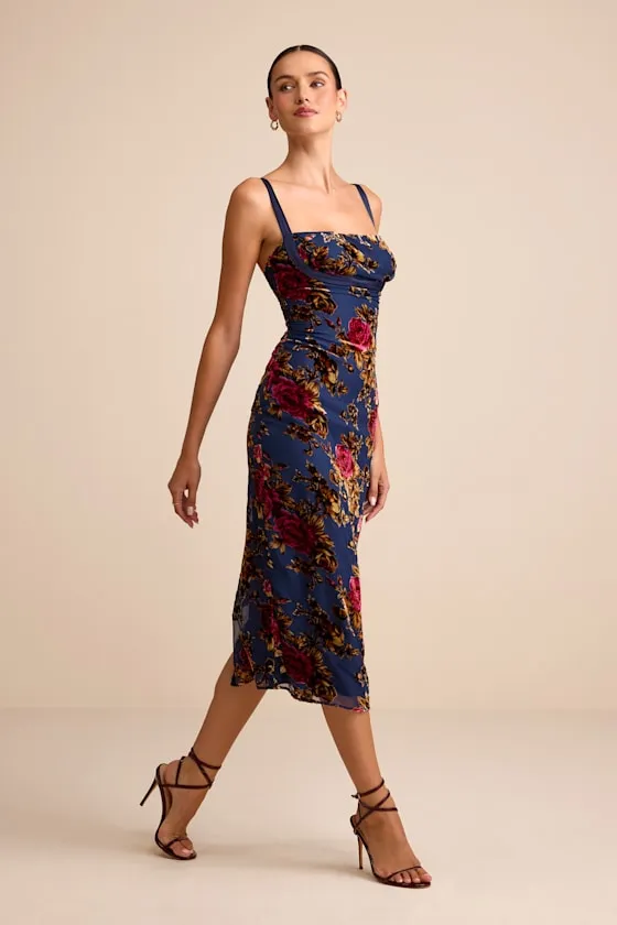 Tessa Navy Floral Velvet Burnout Column Midi Dress sold by Lulus product image thumbnail 4