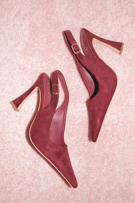 Katrina Burgundy Suede Pointed-Toe Slingback Pumps sold by Lulus