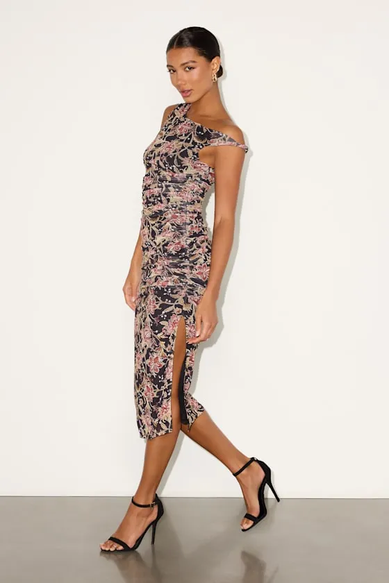Mizela Black Floral Mesh One-Shoulder Midi Dress sold by Lulus product image thumbnail 3