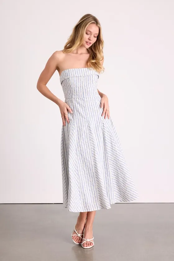 Kaletta Blue and Ivory Striped Eyelet Embroidered Midi Dress sold by Lulus