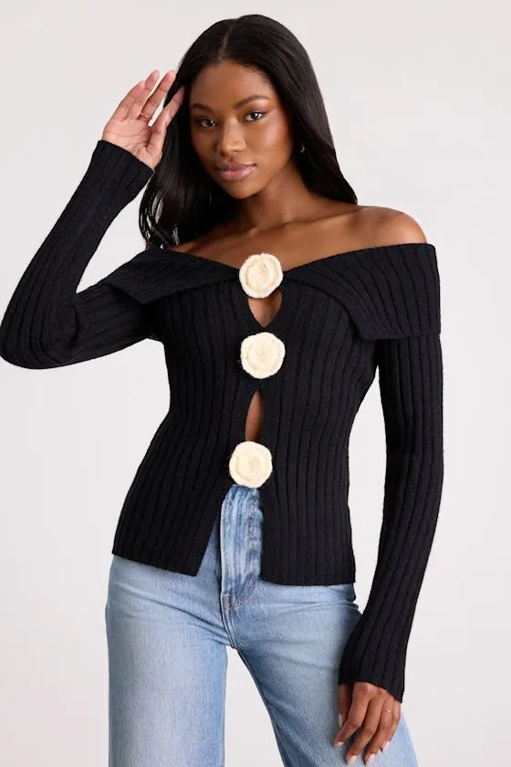 Dulcinea Black Off-the-Shoulder Rosette Sweater Top sold by Lulus product image thumbnail 2