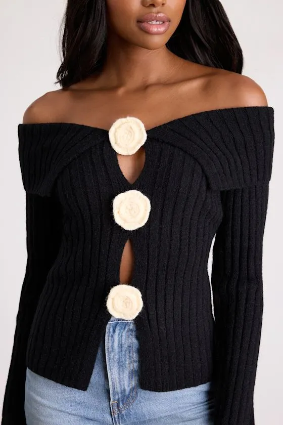 Dulcinea Black Off-the-Shoulder Rosette Sweater Top sold by Lulus product image thumbnail 3
