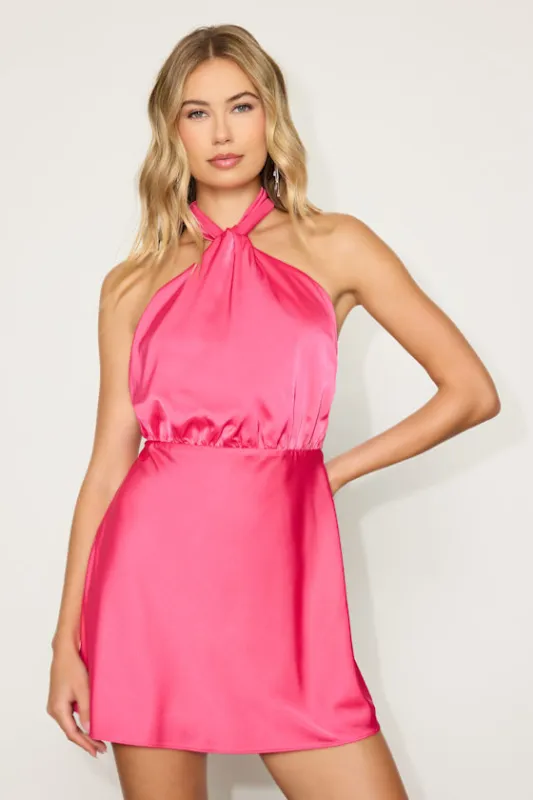 Sleek Essence Fuchsia Satin Halter Sleeveless Mini Dress sold by Lulus