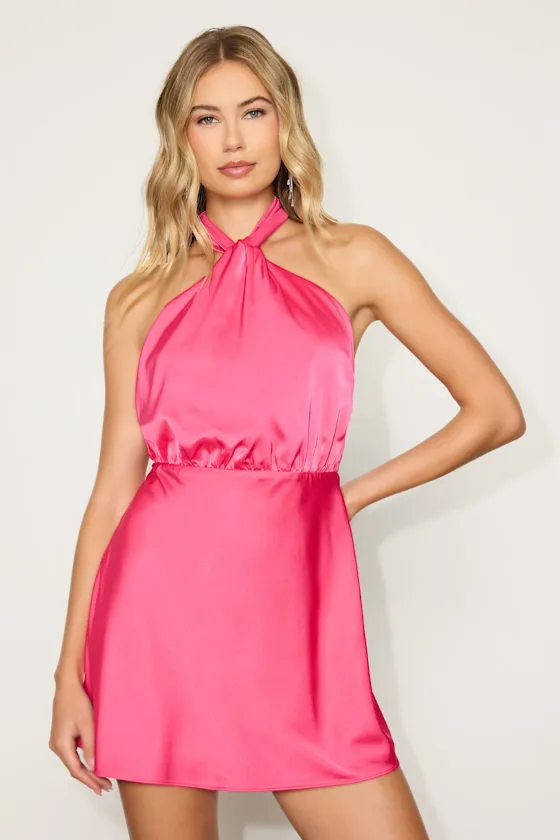 Sleek Essence Fuchsia Satin Halter Sleeveless Mini Dress sold by Lulus