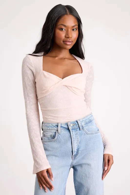 Emada Blush Textured Twist-Front Long Sleeve Top sold by Lulus