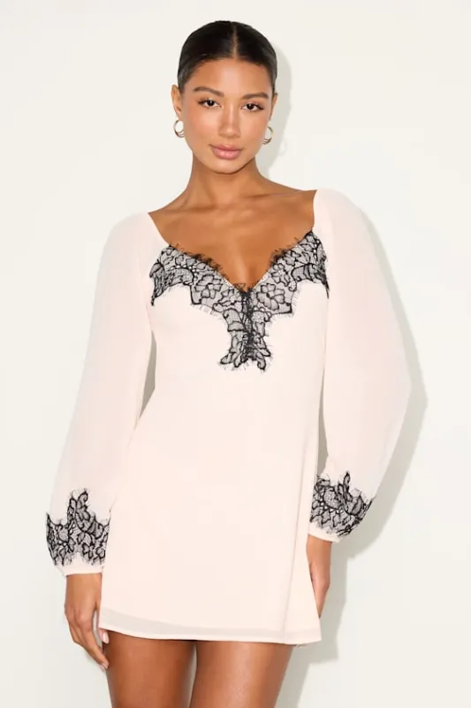 Jayella Blush Eyelash Lace Long Sleeve Mini Dress sold by Lulus