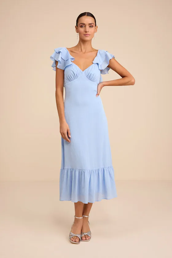 Devie Light Blue Satin Jacquard Flutter Sleeve Midi Dress sold by Lulus product image thumbnail 2