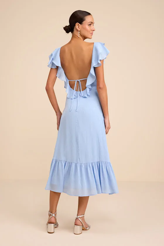 Devie Light Blue Satin Jacquard Flutter Sleeve Midi Dress sold by Lulus product image thumbnail 4
