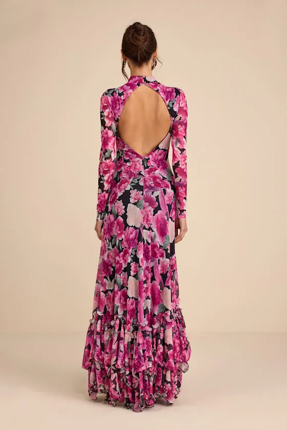 Emilina Black and Magenta Floral Mock Neck Maxi Dress sold by Lulus product image thumbnail 3