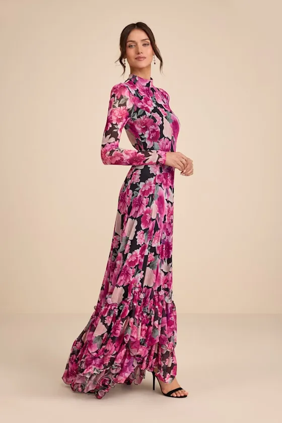 Emilina Black and Magenta Floral Mock Neck Maxi Dress sold by Lulus product image thumbnail 4