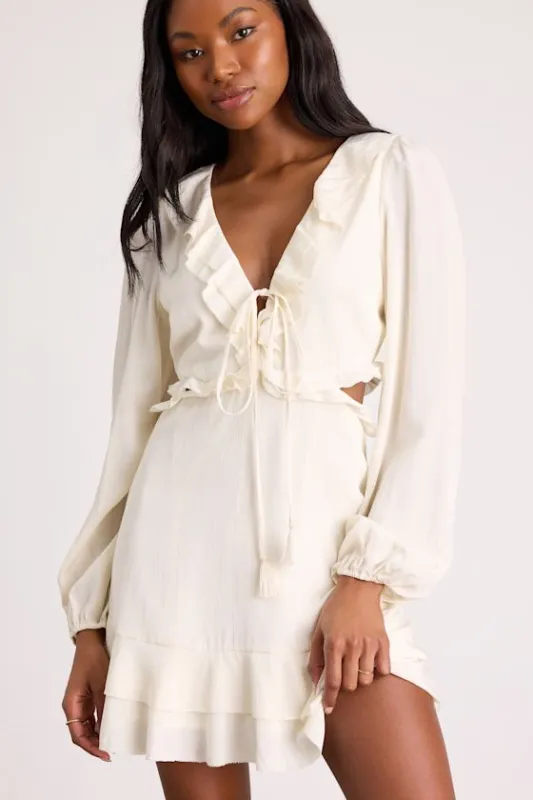 Castilla Ivory Ruffled Long Sleeve Mini Dress sold by Lulus