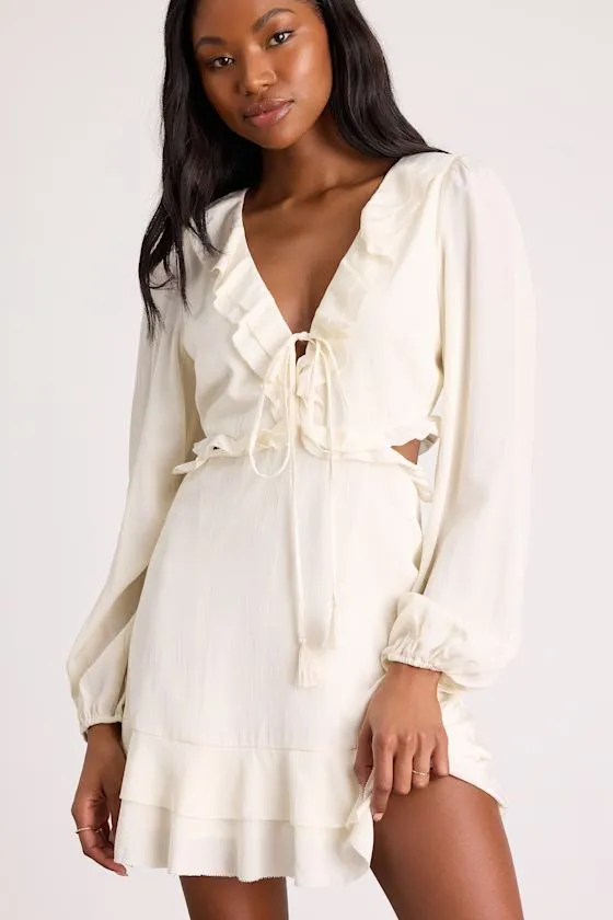 Castilla Ivory Ruffled Long Sleeve Mini Dress sold by Lulus