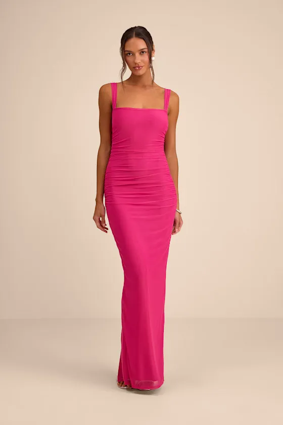 Amazing Presence Fuchsia Mesh Ruched Column Maxi Dress sold by Lulus