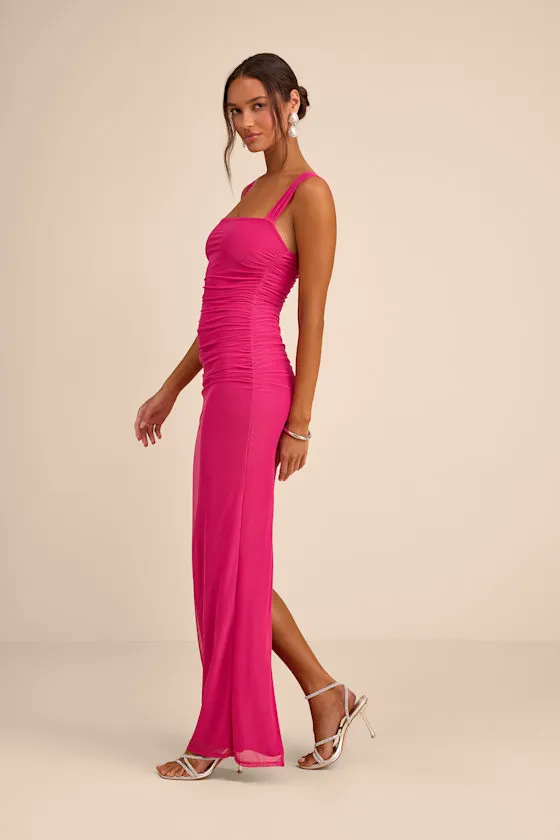 Amazing Presence Fuchsia Mesh Ruched Column Maxi Dress sold by Lulus product image thumbnail 4