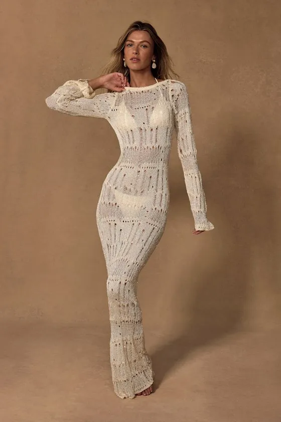 Salise Shiny Cream Distressed Maxi Swim Cover-Up sold by Lulus product image thumbnail 2