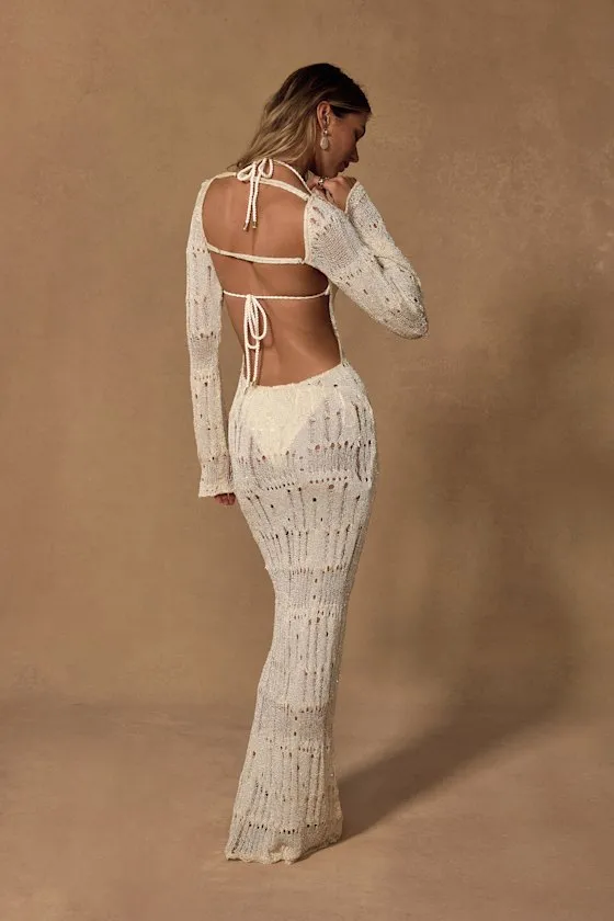 Salise Shiny Cream Distressed Maxi Swim Cover-Up sold by Lulus product image thumbnail 4