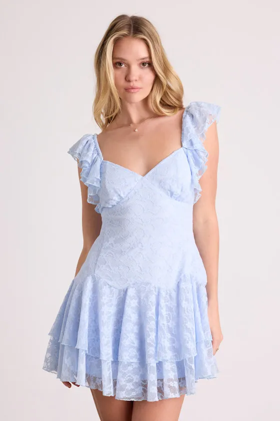 Sabriella Dusty Blue Lace Tiered Mini Dress sold by Lulus
