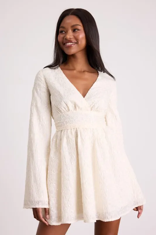 Catarina Ivory Embroidered Sequin Long Sleeve Mini Dress sold by Lulus
